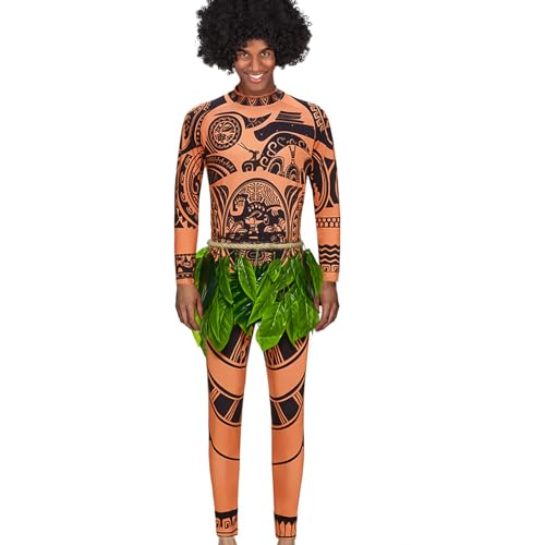 Disfraz de Maui Adulto Con Pantalón y Falda de Hojas, Cosplay Hombre para Carnaval y Halloween