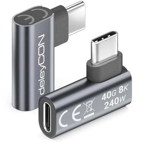 deleyCON USB-C Adapter Winkel 90 Grad Flach (2 Stück) 40Gbps, 240W, 8K60Hz, USB 4.0, Aluminium Gehäuse, Typ C Stecker auf Buchse für Smartphone Tablet Laptop Notebook MacBook PS5 usw.