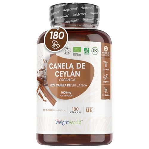 Canela Ceylan Cápsulas Orgánica Alta Dosis 1000 mg, 180 Cápsulas Veganas Sin Gluten - Extracto de Canela Orgánica Fuente de Antioxidantes Naturales, Vitaminas y Minerales, 3 Meses de Suministro