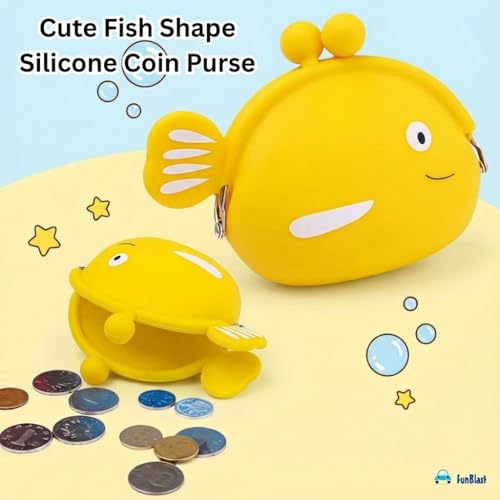 Image of FunBlast Cute Fish Shape Silicone Coin Purse for Kids & Adults - Mini Pouch for Coins, Earphones, Keys & Small Essentials, Aesthetic Pouches for Girls & Women - 12 X 9.5 X 3 Cm (Yellow)