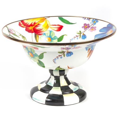 MACKENZIE-CHILDS Enamel Compote, Cute Enamel Pedestal Serving Dish or Decorative Bowl, Large, White Flower Market