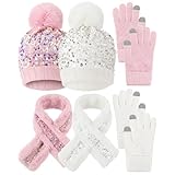 Liitrsh 2セット/6個 ガールズウィンターニット帽スカーフグローブセット 暖かいフリース裏地付きポンポンハットスカーフグローブ ティーン向け, ホワイト、ライトピンク, Middle