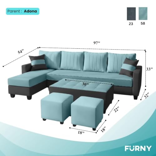 Image of FURNY Avenue 8 Seater Fabric LHS L Shape Sofa Set with 1 Centre Table & 2 Puffy (Sky Blue-Dark Grey) Premium Velvet Finish