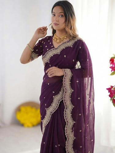 Image of SIRIL Women's Shimmer Georgette Scalloped Border Sequins Embroidery Saree with Unstitched Blouse Piece
