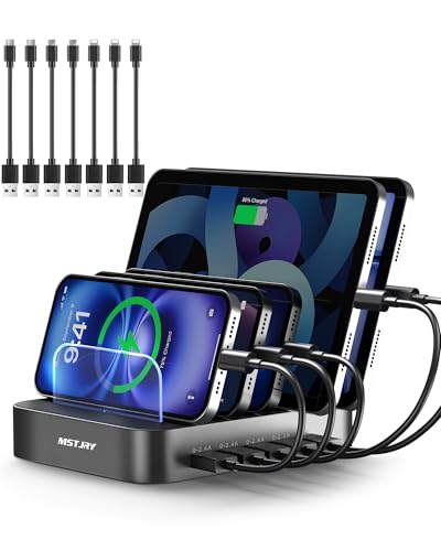 Image of MSTJRY Charging Station for Multiple Devices : 5 Port Multi USB-A Charger Stations Multi-Device Organizer Charging Dock Designed for iPhone iPad Cell Phone Tablets (7 Short Cables Included), Gunmetal