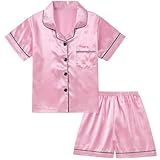 Picture of DIPUG Girls Pajamas Satin Pajama Set Silk Pjs Short Sleeve Sleepwear(Rose Pink)