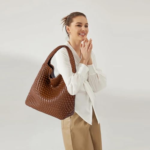 Image of JINMANXUE Woven Tote Bag for Women, Fashion Hobo Handbag, Travel Top-handle Shoulder Bag, Beach Underarm Bag with Purse