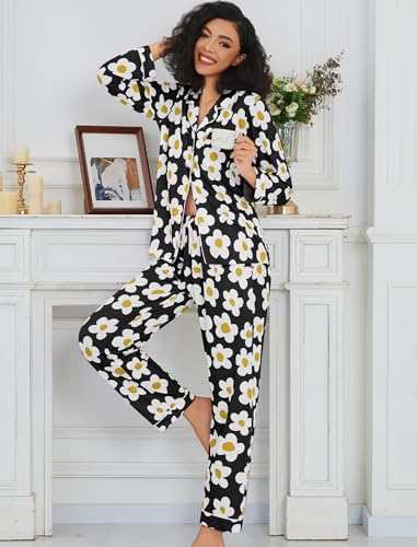 Image of SWOMOG Womens Pajamas Set Long Sleeve Sleepwear Button Down Nightwear Soft Cotton Pj Lounge Sets
