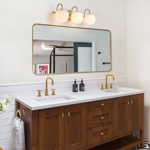 Image of Bathroom Vanity Light, 22.6-Inch Modern Dimmable 3-Light Bathroom Light Fixture Over Mirror, Brass Finish with Frosted Glass Globe Wall Sconce
