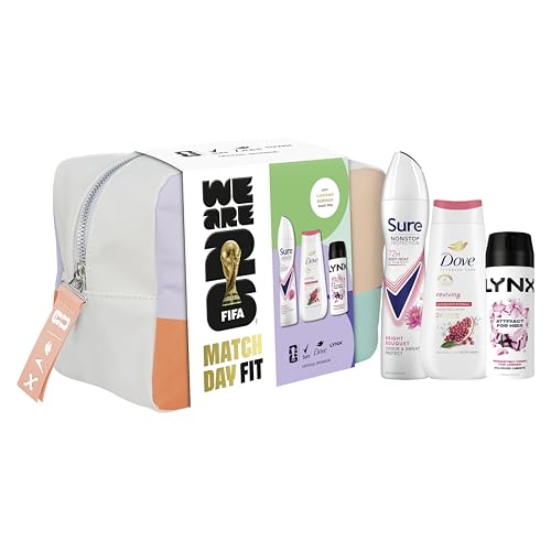 Dove, Lynx, Sure Washbag for Her Gift Set with an advanced anti-perspirant, body wash, body spray & a limited edition wash bag Match Day Fit for her 3 pc