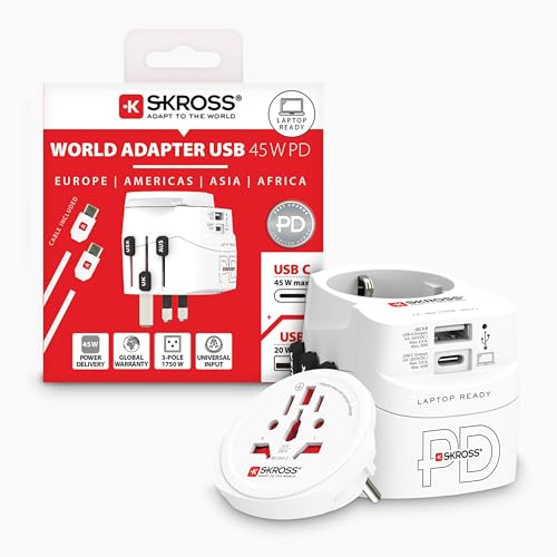SKROSS PRO Light USB Universeller Reiseadapter in die Welt, Steckdosenadapter mit USBA und USB-C Ladeanschluss und Kabel, Universaladapter für Reisen in die USA, UK, Australien oder Europa