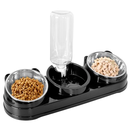 Eclove 3 in 1 Doppio Gatto Ciotola,Ciotola Inclinata A 15° per Gatti E Cani di Piccola Taglia, Doppia Ciotola per Gatti in Acciaio Inox con Abbeveratoio per Animali (Nero)