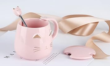 Pink Mug,Ceramic Coffee Mugs,Cute Cat Cup Handmade Tea Cups with Lid and Tea Spoon Kitty Cups,Hot Chocolate Novelty Mugs Christmas Birthday Mother Day Gift for Girls Women (Pink)