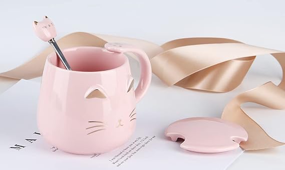 Pink Mug,Ceramic Coffee Mugs,Cute Cat Cup Handmade Tea Cups with Lid and Tea Spoon Kitty Cups,Hot Chocolate Novelty Mugs Christmas Birthday Mother Day Gift for Girls Women (Pink)