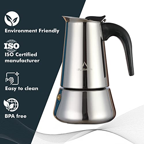 Image of Atlasware Stainless Steel Coffee Maker | Filter Coffee Black Tea Pot Compatible with Induction, Gas Stove | Durable Compact BPA Free Espresso Percolator for Home, Kitchen and Travel (Silver, 4 Cup)