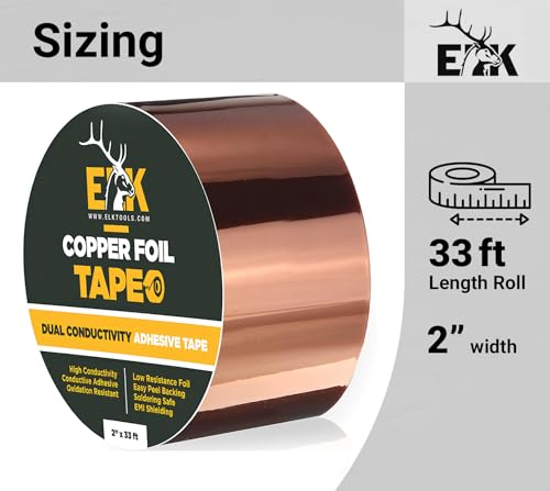 ELK fita de cobre - 1” x 66 pés - com adesivo condutor para guitarra, artesanato, reparos elétricos