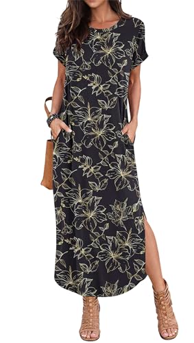 PLOKNRD Sommerkleid Damen Rundhalsausschnitt Maxi Freizei…