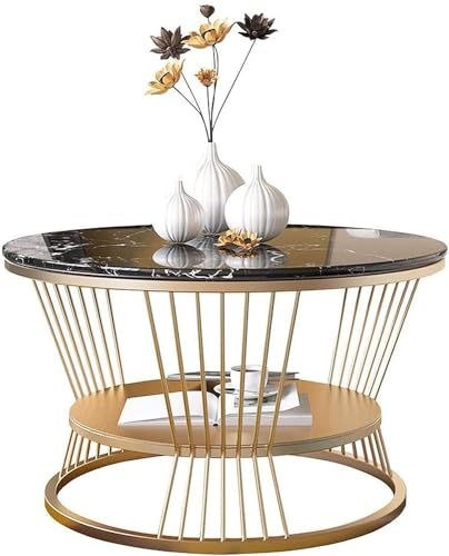 Image of Furniture Cafe Modern Round Coffee Table with Black Marble Look Top & Gold Metal Frame | 2 Tier Center Table with Storage Shelf | Luxury Accent Sofa Tea Table for Living Room, Bedroom, Balcony &Office