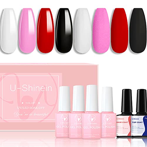 U-Shinein Gel Nail Polish Kit, 6PCS Nail Polish White Pink Red Black Nail Polish Gel Kit Soak-off Nail Gel DIY Nail Art Manicure Nail Gel with Base Coat and Top Coat Gel