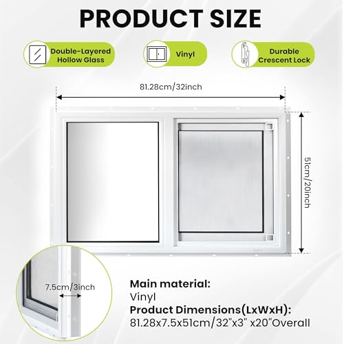 Ventana de vinilo para sótano de 32 x 20 pulgadas con doble panel templado y mosquitera 4