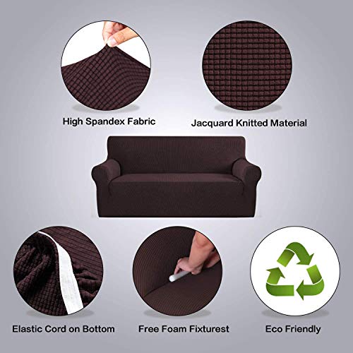 Image of House of Quirk Universal Double Seater Solid Sofa Cover Big Elasticity Cover for Couch Flexible Stretch Checks Spandex Jacquard Fabric Sofa Slipcover - Brown(145-185cm)