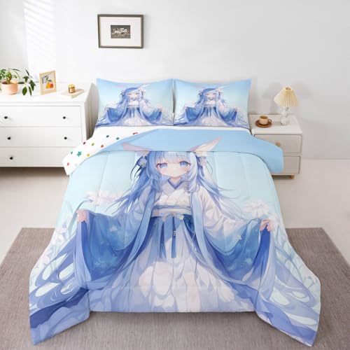 Image of Erosebridal Traditional Japanese Comforter Set, 3D Anime Bedding for Kids Girls, Kawaii Decor With Blue Butterfly, Down Comforter Full Size