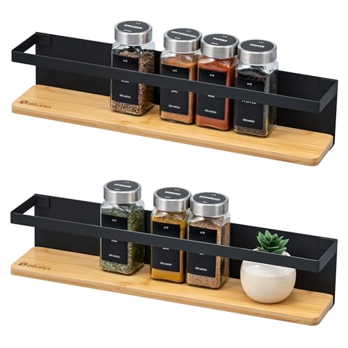 eluno Gewürzregale 2er Set mit Bambusboden, platzsparende Gewürzhalter zur Wandmontage zum Kleben oder zum Bohren - Regale schaffen mehr Ordnung auf der Arbeitsfläche, aus Metall (Schwarz)