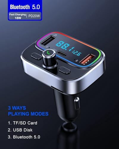 Bluetooth FM Transmitter for Car Wireless Radio Adapter Kit, Hands-Free Calling Dual Microphone, Fast Charging 18W & PD 20W for All Smartphones Audio Players, Supports TF/SD Card and USB Disk - Thumbnail 2