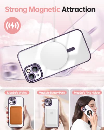 Meifigno Candy Mag Case For Iphone 14, [Compatible With Magsafe] [Full Camera Lens Protection] [Wrist Strap Lanyard] Clear Back Soft Tpu For Iphone 14 6.1 Inch Magnetic Case For Women Girls, Purple #TOP3