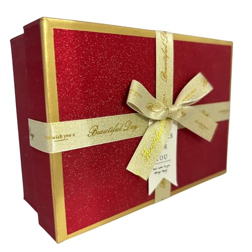 Rode geschenkdoos voor geschenken, 1 stuks premium geschenkdozen met deksels en lint (medium formaat: 20 x 14 x 8 cm), lege kartonnen doos met verzameling voor verjaardag/Valentijnsdag/bruiloft