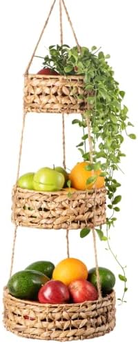 Hanging Fruit Basket Handmade Woven Hanging Basket Kitchen Storage. 3-Tier Fruit Baskets for Produce. Boho Hanging Planter Baskets - Kitchen Produce Storage Eco Friendly Organizer Heavy Duty