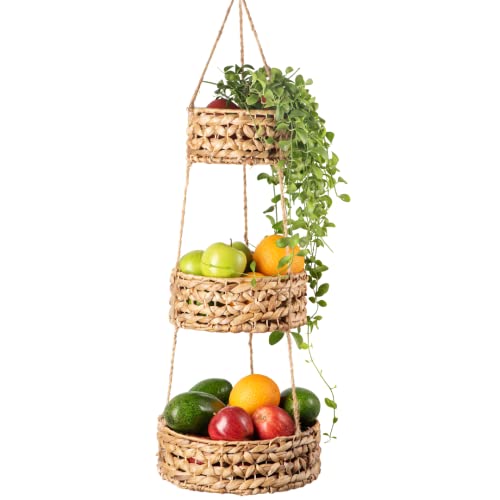 Hanging Fruit Basket Handmade Woven Hanging Basket Kitchen Storage. 3-Tier Fruit Baskets For Produce. Boho Hanging Planter Baskets - Kitchen Produce Storage Eco Friendly Organizer Heavy Duty #TOP20