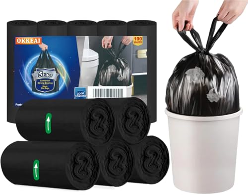OKKEAI Kleine Müllbeutel 5L Müllsack 100 Stück Schwarz Griffe Abfallbeutel Geeignet für Bad Toilette
