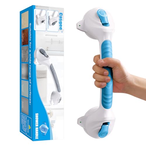 Casgee 38cm 浴槽手すり 強力吸盤 風呂 手すり 吸盤シャワー手すり 安全ハンドル ドアノブ 取っ手 浴室 トイレ 高齢者用手すり 入浴介助 高齢者 子供 転倒予防 穴あけ不要 取り付け簡単 取り外し可能な手すり安全インジケーター付き ブルー