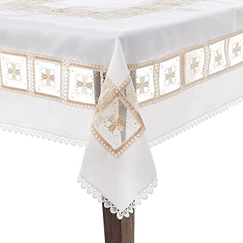 HomeCrate Emerald Tablecloths with Cutwork and Embroidered Roses Design 70" X 120" - in Ivory