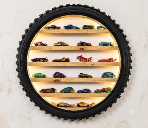 Image of Wooden Wall Shelf Display Rack for 1:64 Scale Die-Cast Cars, Warm White | LED Light, Rugged Tyre Frame Storage Organizer, Hot Wheels Collection, Decorative Home & Room Decor, 24 x 4 Inch