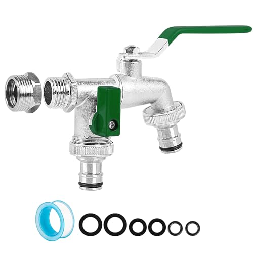 Brass Double Garden Tap - Universal 3/4 & 1/2 Inch Dual Outlet Frost Resistant Outdoor Water Tap with 2 Hose Connectors for Patio & Lawn