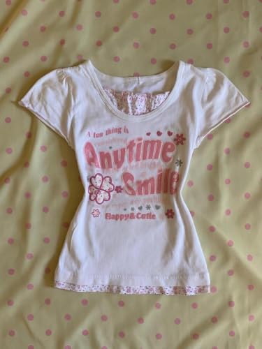 Image of Kawaii Cutecore Harajuku Y2k 2000s Tops Summer Preppy Aesthetic Alt Goth Emo Short Sleeve Graphic Tees