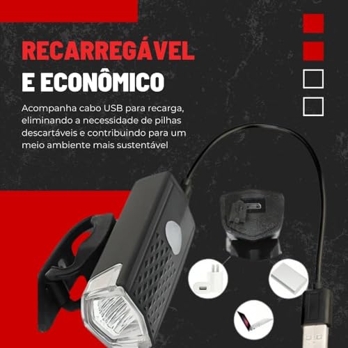 Kit de luzes de bicicleta recarregável, conjunto de farol e lanterna traseira, impermeável, vários m