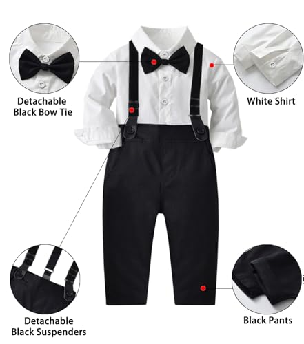 SANGTREE Baby Boys Clothes, Long Sleeves Dress Shirt with Bow Tie and Black Suspender Pants Set Gentleman Tuxedo Outfit White Black, 2-3 Years = Tag 1102