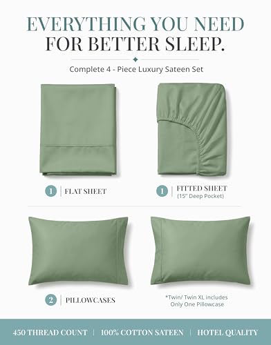 Image of LANE LINEN Twin Bed Sheets Set - 450 Thread Count Set - 100% Cotton Sheets Twin Size Bed Set - Ultra Soft Cotton Bed Sheet Set for College Dorms - Sateen Weave Hotel Sheets - Iceberg Green