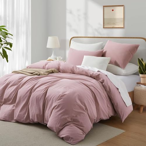 Gezu Housse de Couette Coton 140x200 cm Rose Unie 100% Doux Parure de Lit Adulte Coton Linge de Lit Avancé Literie Aspect Ridée Naturel avec Fermeture...