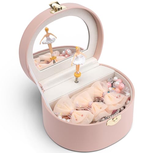Vlando オルゴール 誕生日プレゼント ジュエリーボックス 半円形 鏡付き 娘へのプレゼント 子供 持ち運び バレエ発表会（light pink）