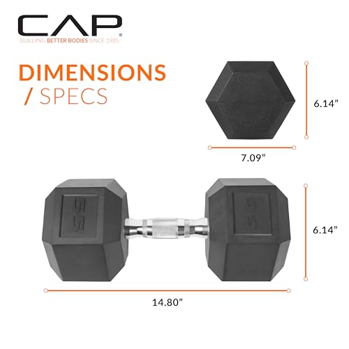 CAP Barbell 55 LB Rubber Coated Hex Dumbbell Hand Weight - Single | Chrome Handle - Thumbnail 4