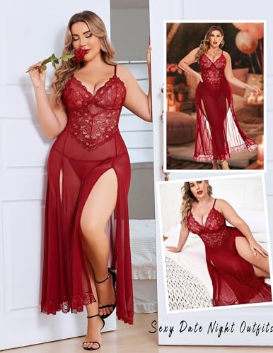Image of Avidlove Plus Size Lingerie for Curvy Women Long Lace Babydoll Nightdress | V neck sheer mesh nightgown,g-string included,high side slits,adjustable straps,curve-flattering fit,maternity photoshoot