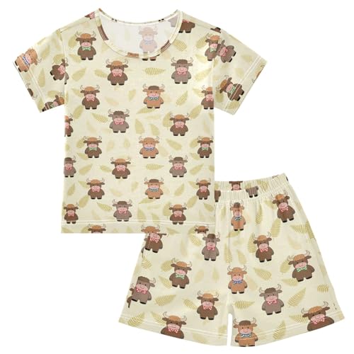 Cute Funny Highland Cattle Pattern Summer Cute Pajama Sets, Short Sets for Daily Wears and Sleep Wears