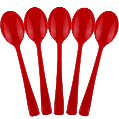 Kochorie Red Plastic Spoons 180 Pack Heavy Duty Disposable Utensils 6.8 Inch Bulk Party Red Spoons Cutlery Set for Birthday Flag Day Valentines Day Christmas Graduation Party Silverware Tableware