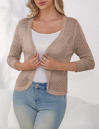 Image of REDHOTYPE Women's 3 /4 Sleeve Cardigan Open Front Cropped Shrugs Summer Hollowed Lightweight Cardigans Sweater (S-XL)