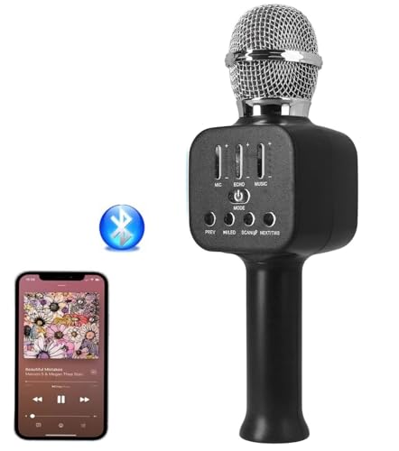 COSHANO Micrófono Inalámbrico con Altavoz y luz RGB Karaoke Bluetooth, Infantil, Portátil para niños y Adultos Cantar Musical. (Negro)