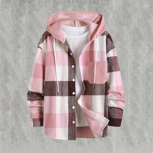 Flannel Hoodie for Men Long Sleeve Casual Button Down Plaid Shirt Lightweight Drawstring Regular Fit Pocket Shirt Jacket2